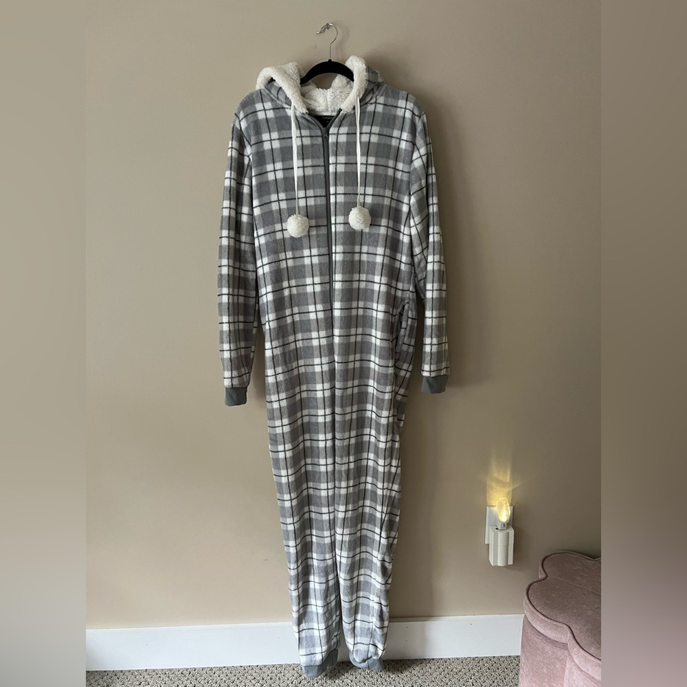 Just Love White and Gray Plaid Hooded Onesie